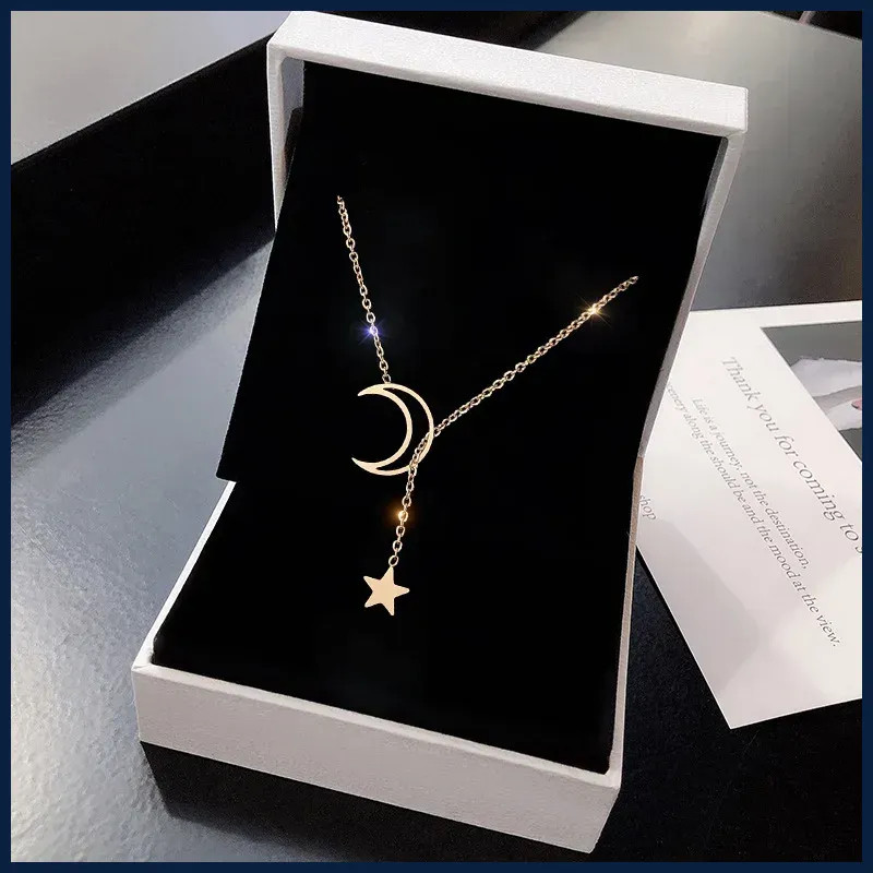 Moon Star Pendant Choker Necklace Gold Color Alloy Chain for Women