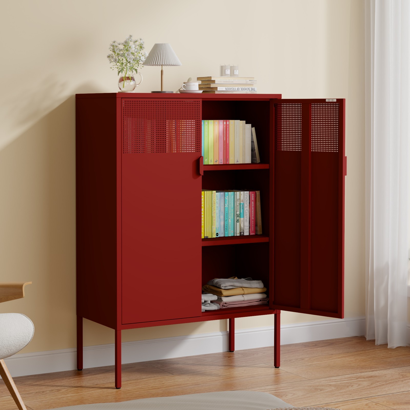 Metal Storage Cabinet,2 Door TV Stand, Metal Mesh Accent Cab