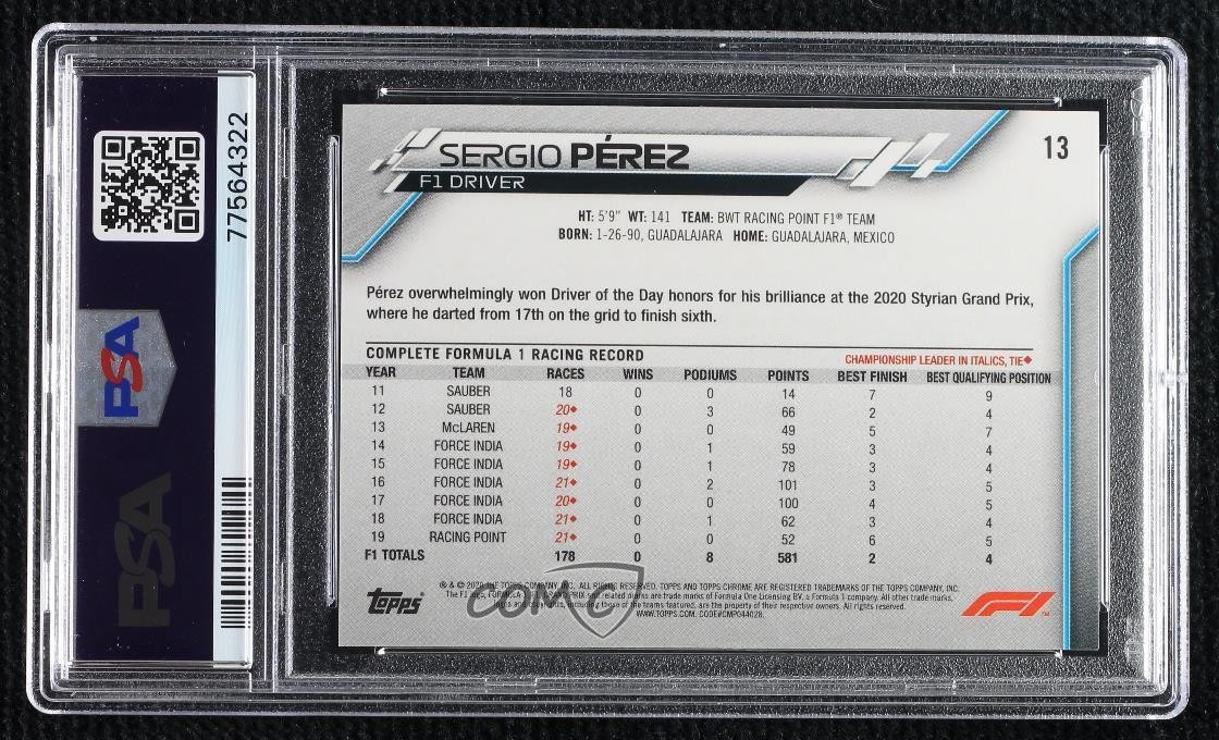 2020 Topps Chrome Formula 1 F1 Racers Sergio Perez #13 PSA 8 Rookie RC 1p75 view 2