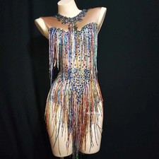 Nightclub Costume Sparkly Colorful Crystals Sequins Fringed Bodysuit Bar Leotard
