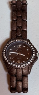 GENEVA PLATINUM STAINLESS STEEL JAPAN MOVT BROWN WATCH ~ BATTERY WORKING   