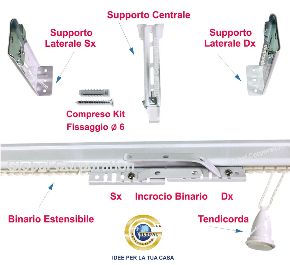 BASTONE TENDA ESTENSIBILE BINARIO BINARI TENDE PER TENDAGGI SCORRITENDA BIANCO - Immagine 3 di 4