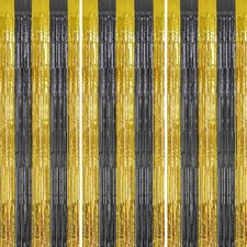 3 Pack Foil Fringe Backdrop - Black&Gold Shiny Tinsel Curtains for Party Deco...