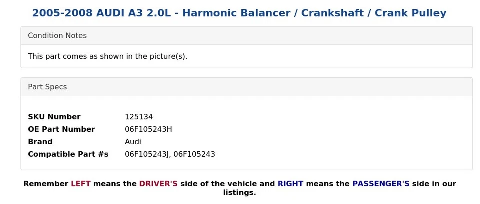 2005 - 2008 奥迪 A3 2.0L -谐波平衡器/曲轴/曲柄滑轮 — 第 3/4 张图片