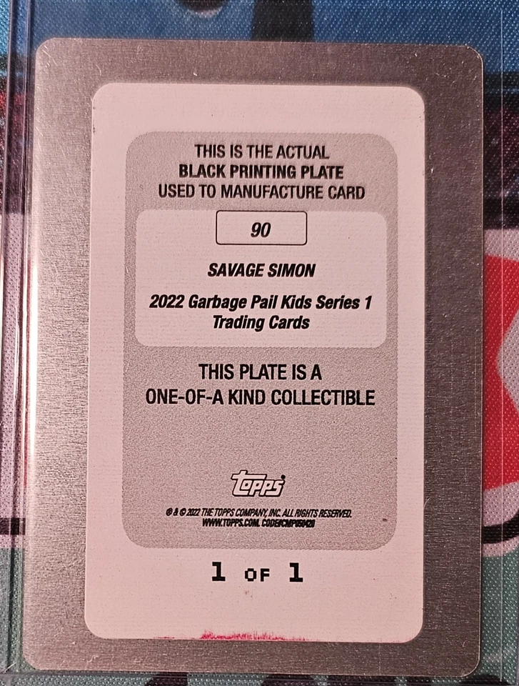 2022 Garbage Pail Kids Bookworms Black Printing Plate SAVAGE SIMON 1/1 #90b - Image 2 of 2