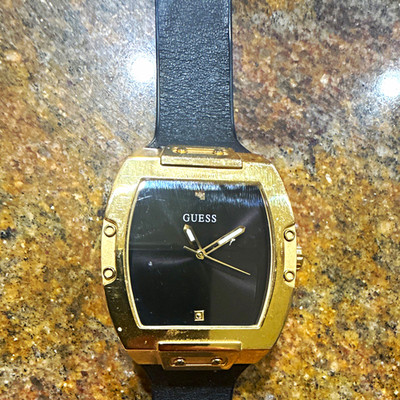 GUESS GW0386G3 Tonneau 44mm Gold Case Black Dial Rubber Strap 50m Quartz