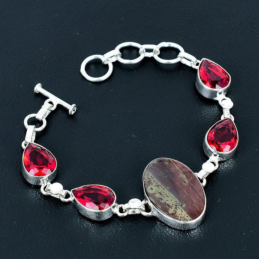 Polychrome Jasper, Garnet Gemstone 925 Sterling Silver Jewelry Bracelet 7