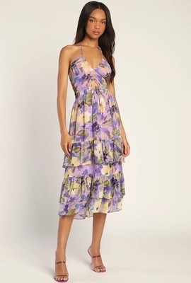 Lulus Vividly Vibing Purple Chiffon Tiered Cutout Halter Dress Size Medium *read