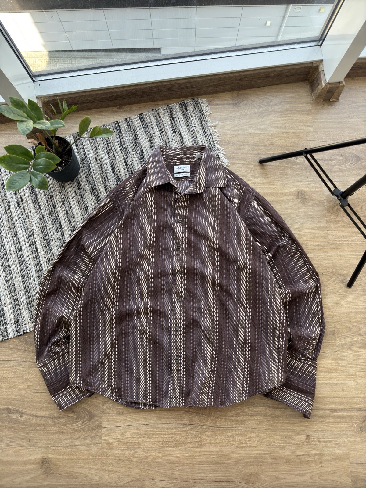 Camicia Yves Saint Laurent YSL a righe con bottoni marrone taglia XXL vintage
