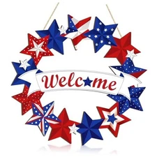 Wooden 4th of July Decoration Door Wreath for Front Door Sign Wall Large Star