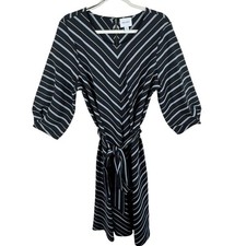 Nine West Black White Striped Belted 3/4 Balloon Sleeve Midi Dress Size XXL