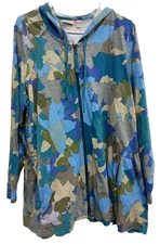 Logo By Lori Goldstein Womens Hoodie Size 1X Blue Camo BOHO Lagenlook Full Zip