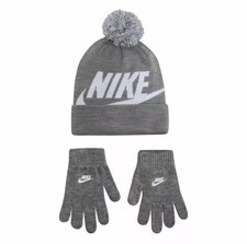 New Nike Youth Boys Swoosh Beanie hat and Gloves Set Size 8/20 DK Grey Heather