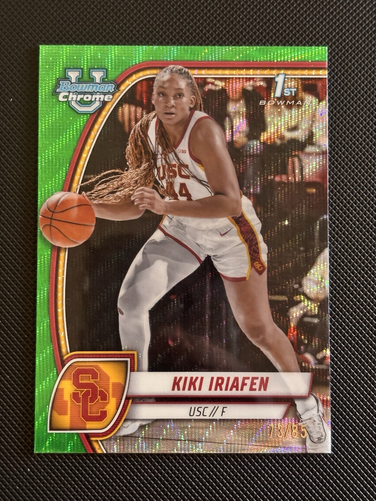 2024-25 Bowman University Chrome Kiki Iriafen #47 Green Wave Refractor /85 (RC)