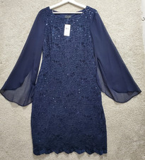 Connected Cocktail Sheath Dress Women 10 Blue Floral Lace Overlay Flutter Sleeve