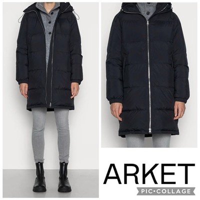ARKET mittellanger Re:Daunenmantel Gr. XS UK6 US2 schwarz wattiert Kapuze Puffer Federn