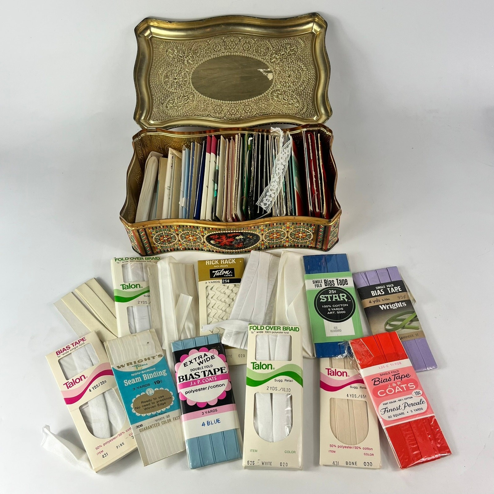 Vintage Holland Tin & 50+ Sewing Bias Tape Rolls Collectible Craft Supplies Box