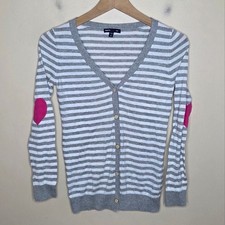 Gap Kids  Gray White Striped Cardigan Sweater Heart Elbow Patches Size Large 10