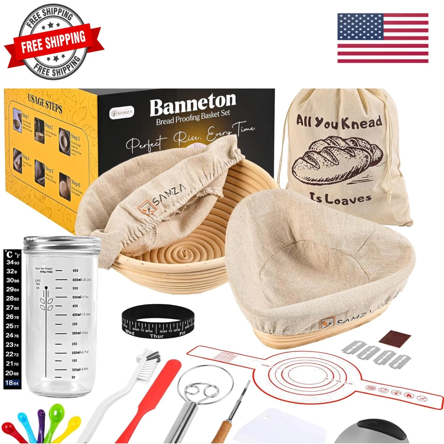 Sourdough Starter Kit - 18Pcs Banneton Bread Proofing Basket Kit with 24oz Gl...