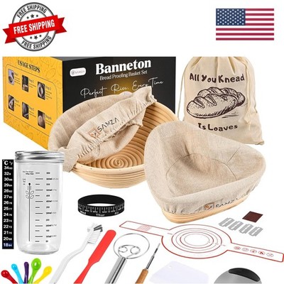Sourdough Starter Kit - 18Pcs Banneton Bread Proofing Basket Kit with 24oz Gl...
