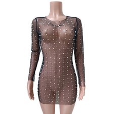 Lady Mini Beaded Rhinestone Dresses Sexy Mesh See Through Long Sleeve Club Dress