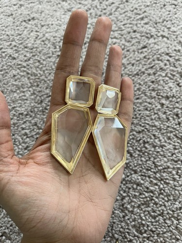 "Pendientes de oro transparente lágrima rectangular cristal blanco boda larga novia 3""" - Imagen 3 de 8