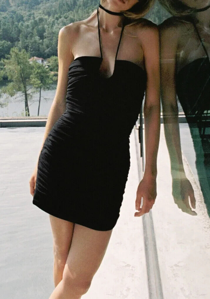 NWT Zara Women's Draped Ruched Mini Dress Body Con Black