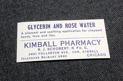 Vintage Unused Glycerin Rose Water Bottle Label Apothecary Medicine Pharmacy