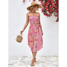 Printed Strapless Tie Belt Dress