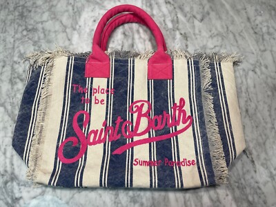 MC2 SAINT BARTH TASCHE Vanity vertikale Streifen blau / Stickerei fuchsia GROSS ORIGINAL