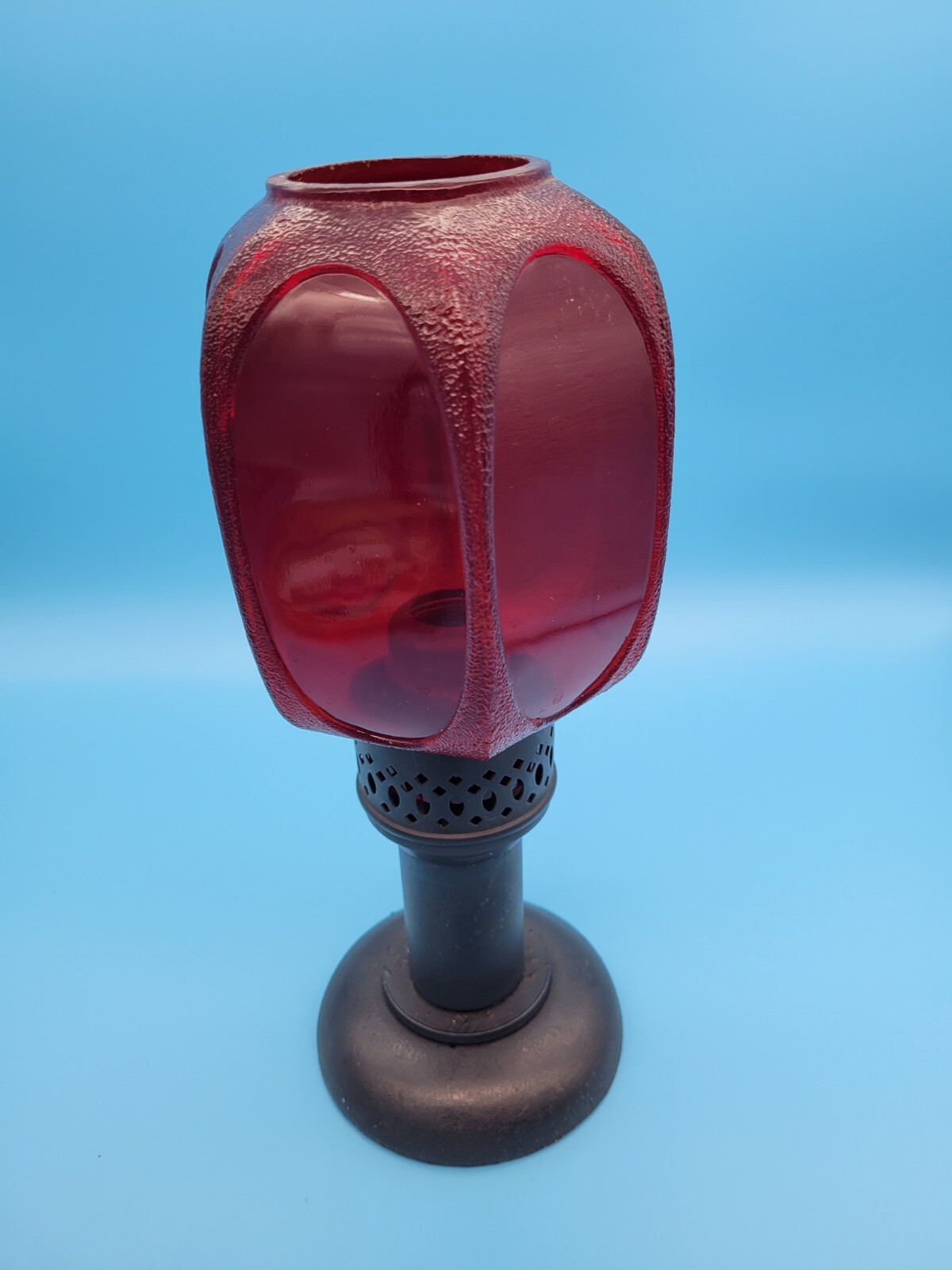 Antique Cast & Wrought Iron Candle Holder Mason Candlelight NJ Ruby Glass Shade