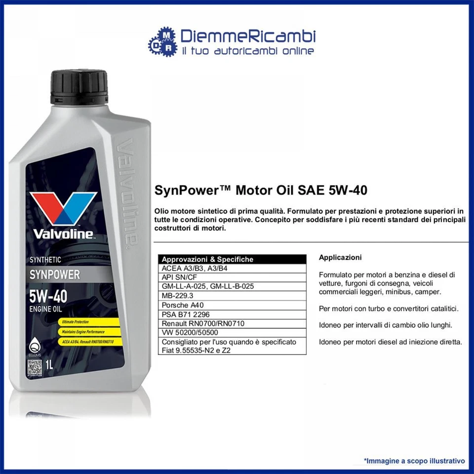 5 LITRI OLIO VALVOLINE 5W40 SYNPOWER - BMW LL-01 - MB 229.3 - RN0700/0710 - Immagine 2 di 2