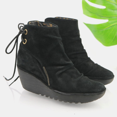 Fly London Womens Yama Boot Size 39 8.5 Black Suede Wedge Heel Platform Bootie