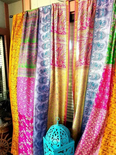1 par de cortinas de patchwork indio Sari decoración de ventanas multi cortina de seda Sari - Imagen 5 de 7