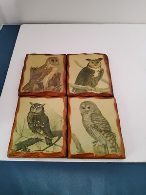 Vintage Owl Prints By E. Ranbow On Wood Plaques 4x3  Set of 4