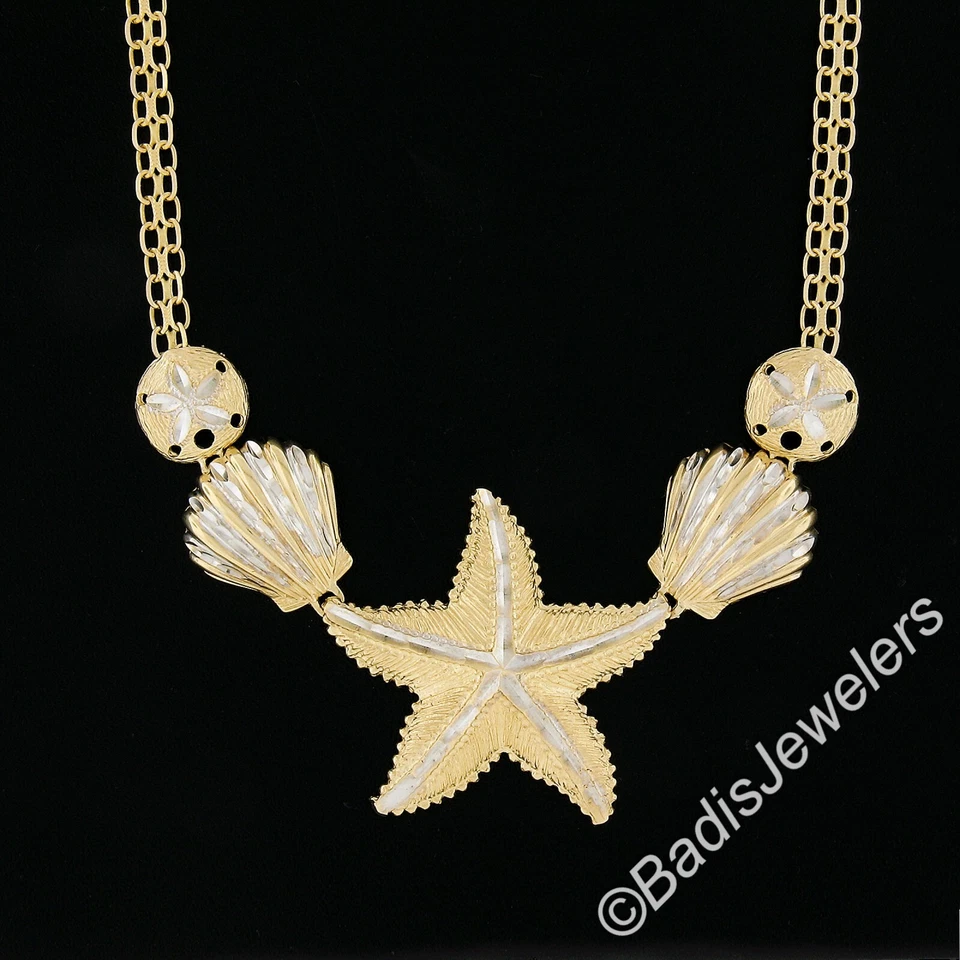 Collar de cadena Bismark de oro de 14k concha de mar y estrella de arena corte diamante Foto 3 de 4