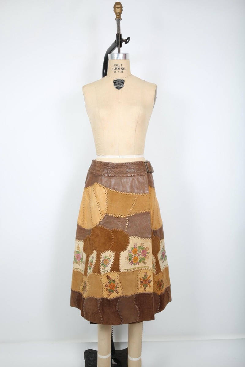 Vintage 70s Char Floral Patchwork Suede Skirt Handmade
