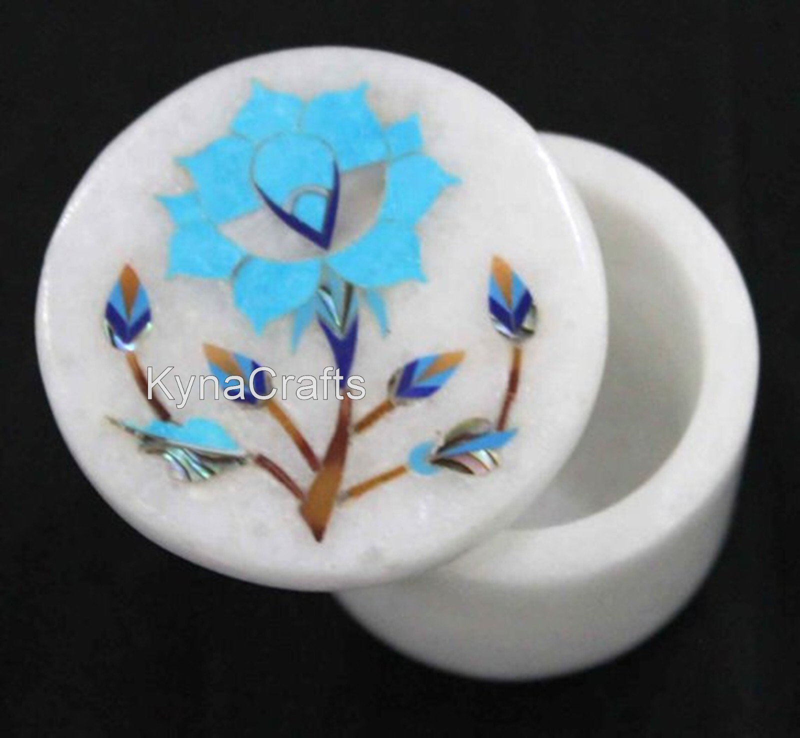 2.5 Inches Natural Stone Inlay Work Jewelry Box White Round Marble ...