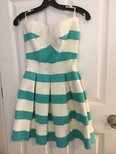 San Joy Aqua Teal Blue and White Stripe Off Shoulder Mini Dress NWOT size Medium