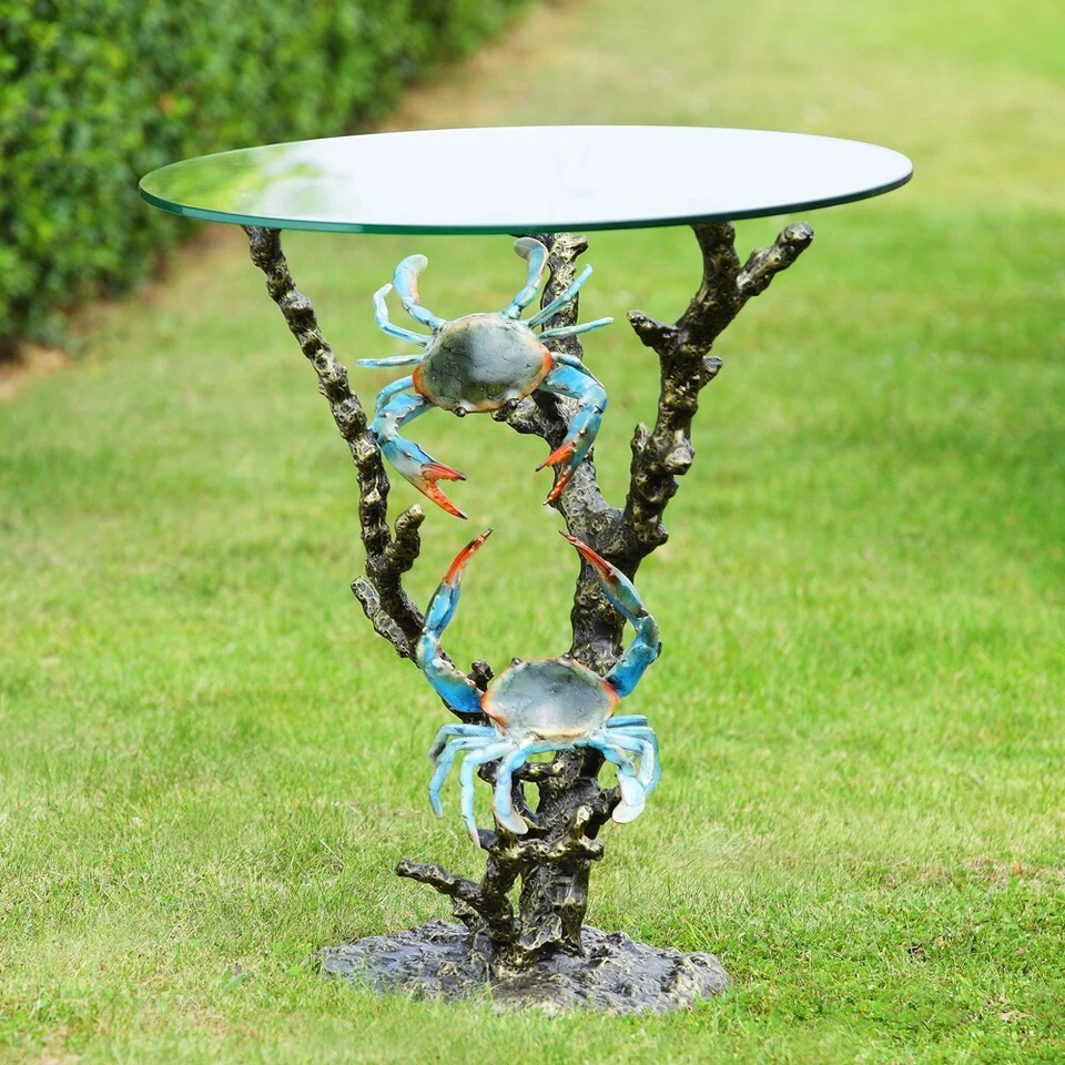 Aluminum With Glass Top Coastal Decor Two Crabs And Coral End Table - Image 3 of 3