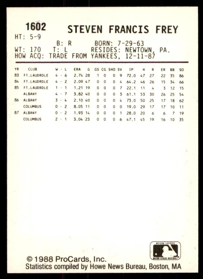 1988 ProCards Steve Frey Baseball cards #1602 - Image 2 of 2