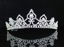 SPLENDID CURVED CLEAR AUSTRIAN RHIESTONE TIARA CROWN W HAIR COMBS BRIDAL T1728