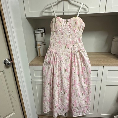 Floral Corset Style Midi Dress Womens M Pink Tulip Cottage Romantic Fairycore