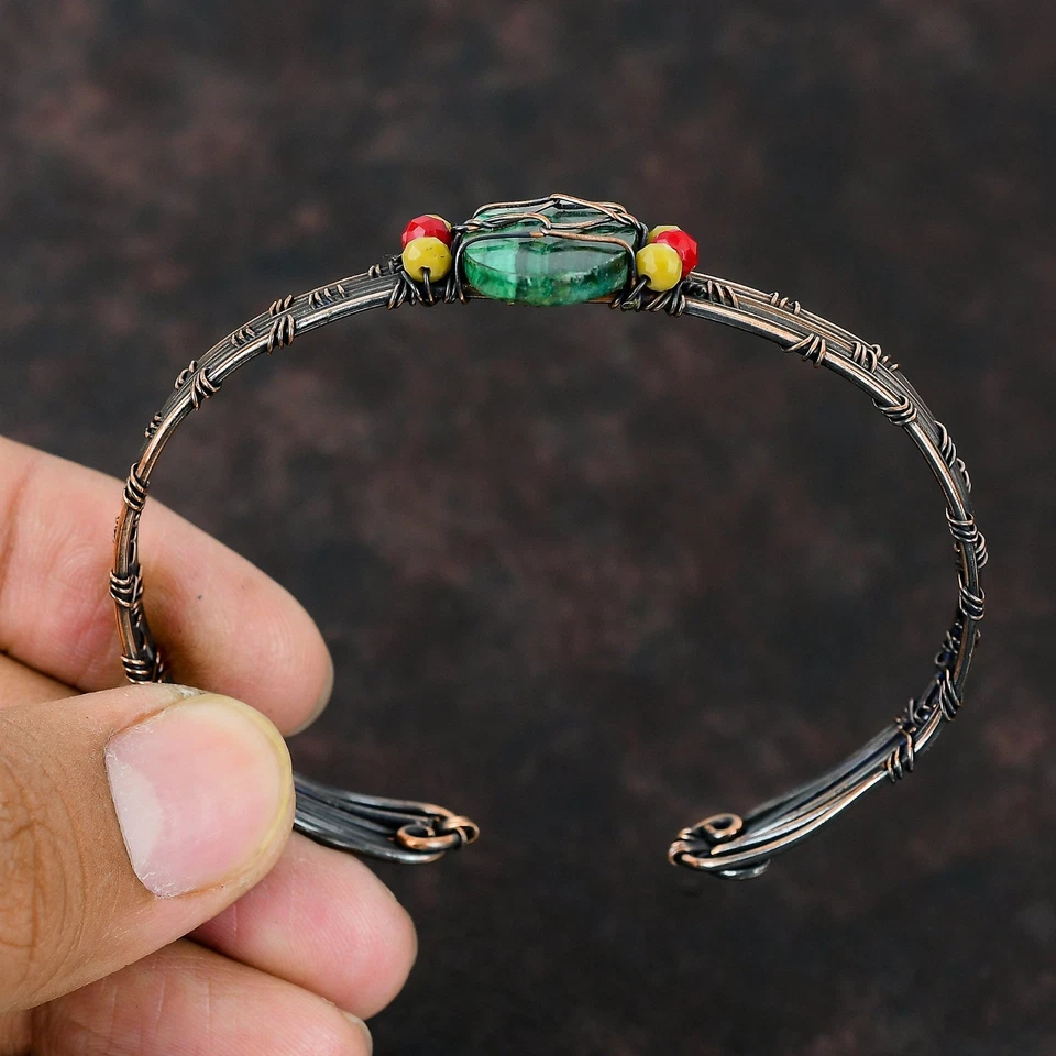 Brazalete madre cuentas coral amarillo y rojo piedra malaquita rusa cobre joyería Foto 3 de 4