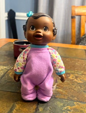 Baby Girl Doll Dark Complexion Brown Eyes Dark Brown Curly Hair Purple Outfit