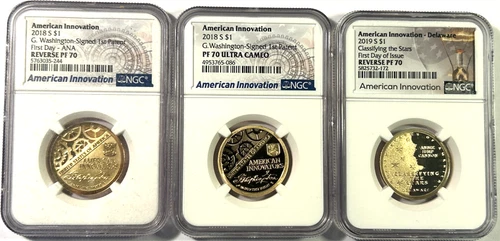 2018s, 2018s, 2019s American Innovation $1 Proof PF70 NGC (3) Coins, (2) FDOI