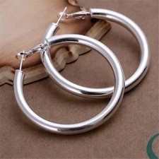 925 Sterling Solid Silver 50mm Round Smooth Big Hoop Earrings Women Jewelry