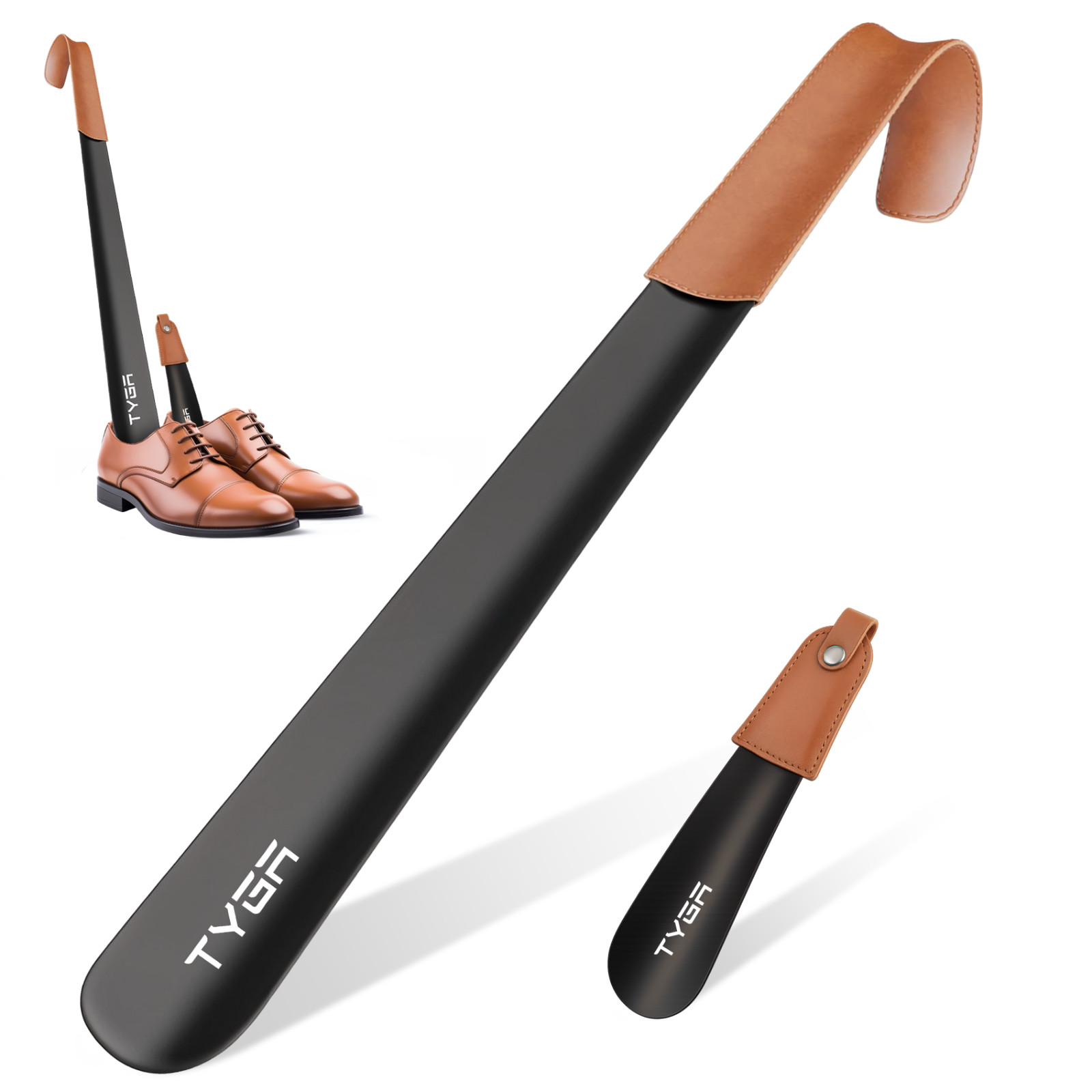 TYGA Metal Shoe Horn Set (17cm & 42cm) Long Handled Shoehorn With Leather Strap