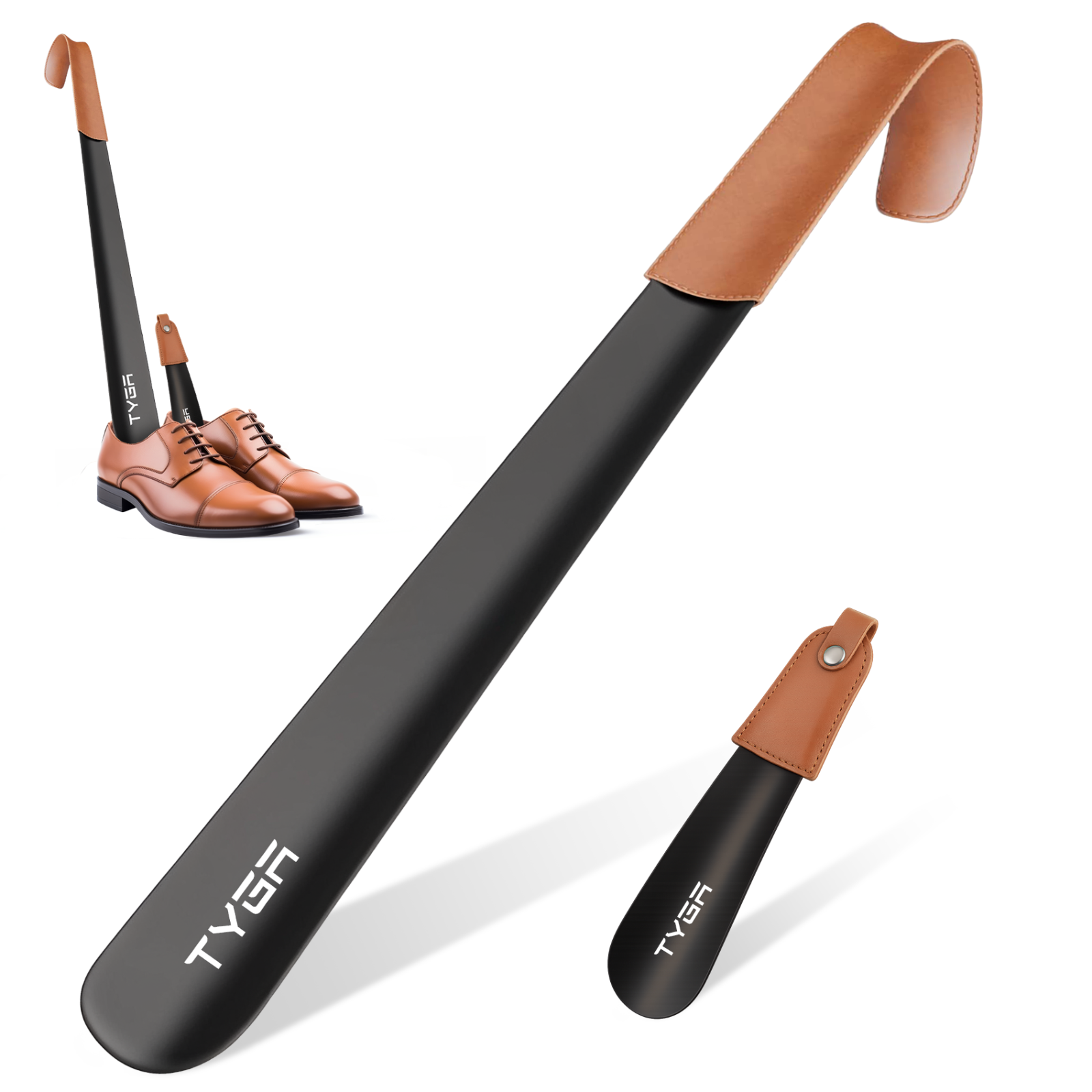 TYGA Metal Shoe Horn Set (17cm & 42cm) Long Handled Shoehorn With Leather Strap