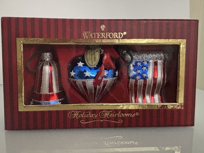 Handmade Waterford Holiday Heirloom Stars & Stripes Patriotic Ornaments 3 Pc Set